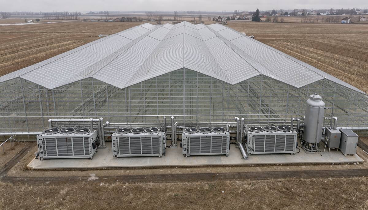 Quatre pompes à chaleur air/eau industrielles alignées sur une dalle béton le long d'une grande serre en verre, reliées à un ballon de stockage, à l'écart des habitations.