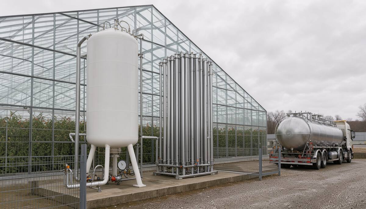 Cuve de CO2 liquide verticale et son vaporiseur installés à l'extérieur d'une serre de tomates, avec le camion-citerne de livraison